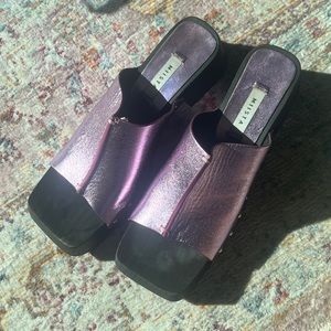 Miista Pink Metallic Open Toe Clogs 41